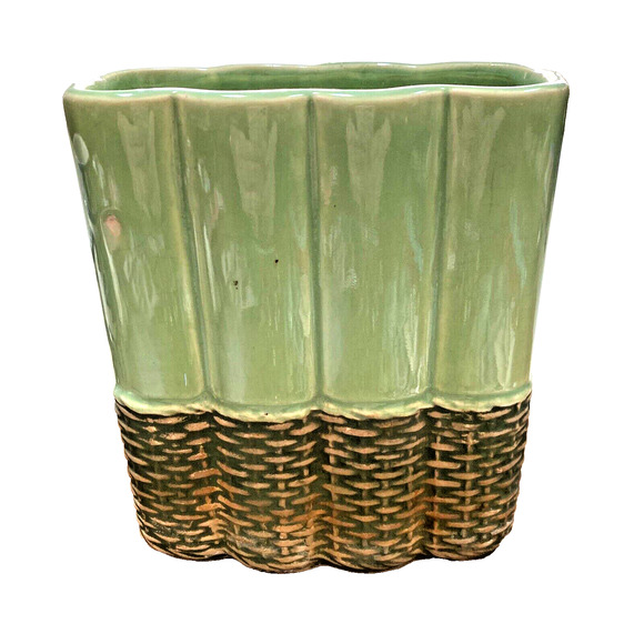 Vintage McCoy Vase Art Pottery Glazed Green Matte Tan Basket Weave Wicker Look - Picture 1 of 7